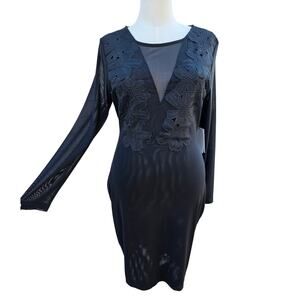 IRIS 1XL Black Mesh Floral Applique Bodycon Dress NWT